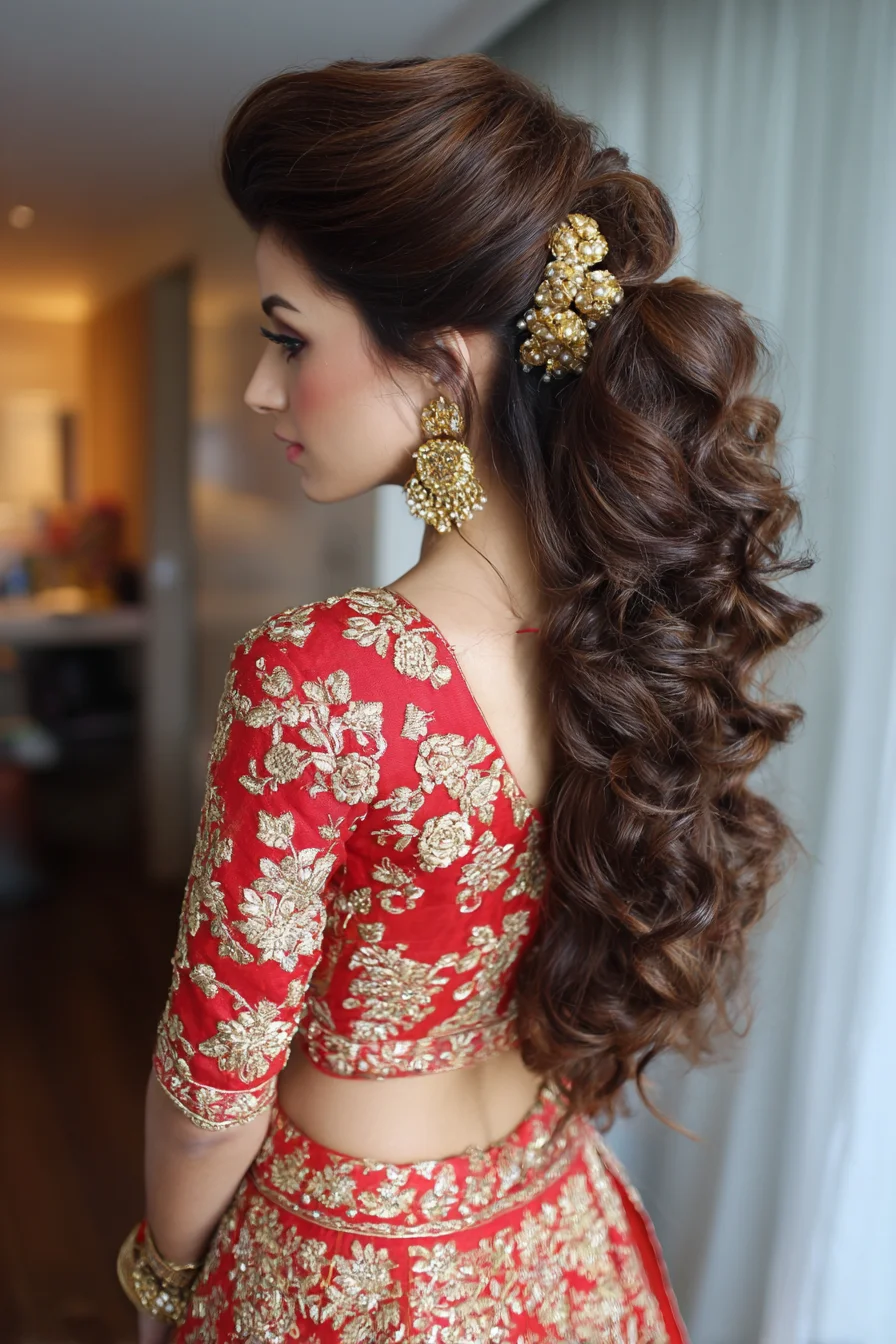 Voluminous Curled Half-Pony with Traditional Gold Accessories