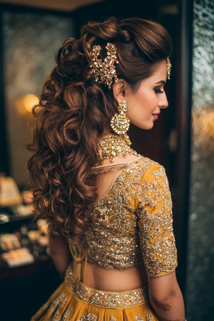 Voluminous Curled Half-Up with Bridal Jewelry and Texture
