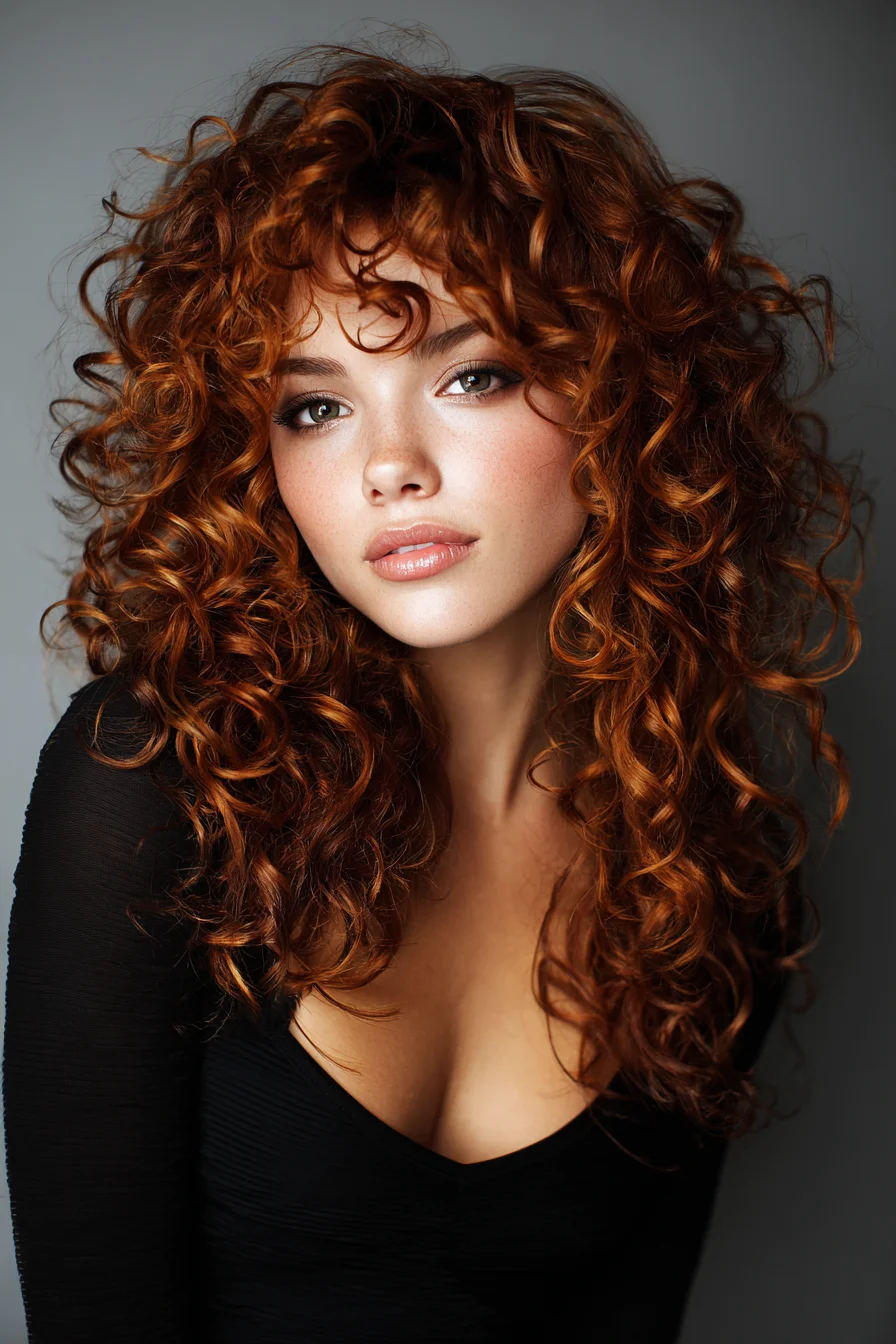 Voluminous Curly Layers with Curtain Bangs for Redheads