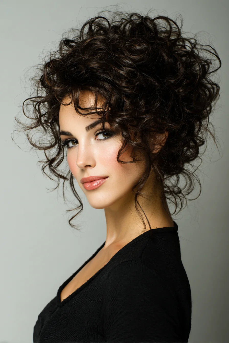 Voluminous Curly Updo with Face‑Framing Tendrils