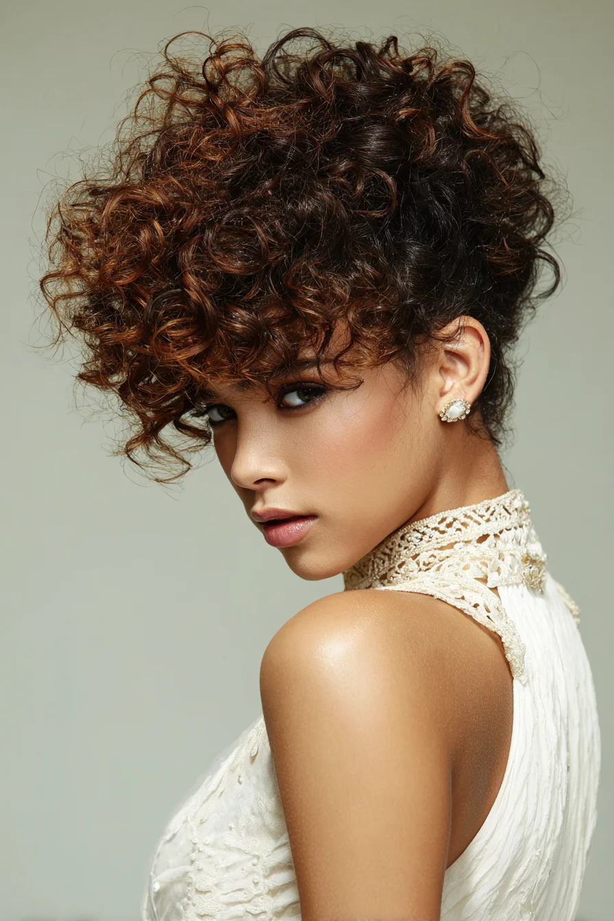 Voluminous Curly Updo with Soft Fringe and Tapered Sides