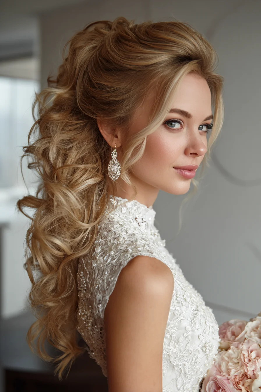 Voluminous Half-Up Curls for a Romantic Bridal Look