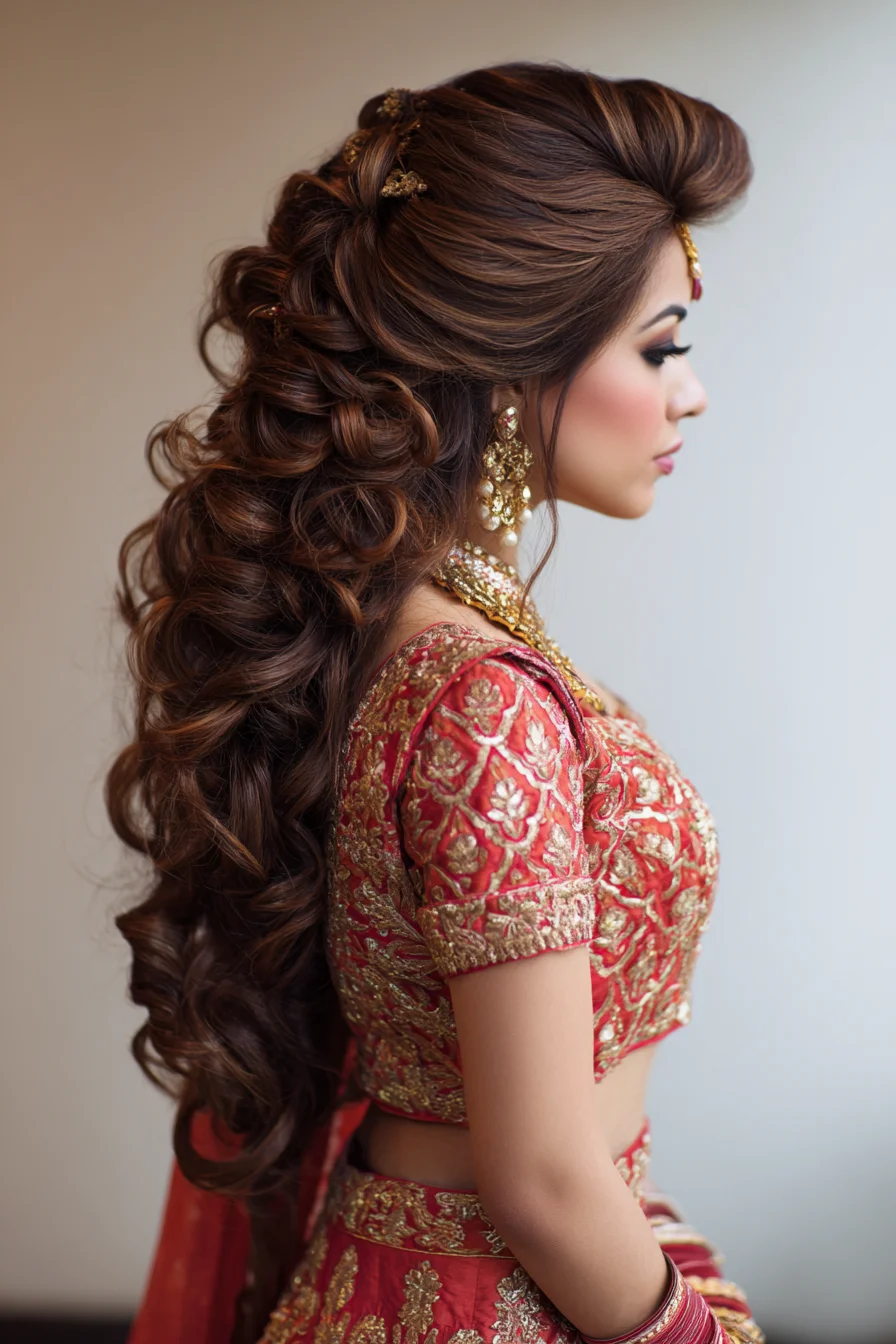 Voluminous Half-Up Curls with Braided Detail for Special Occasions