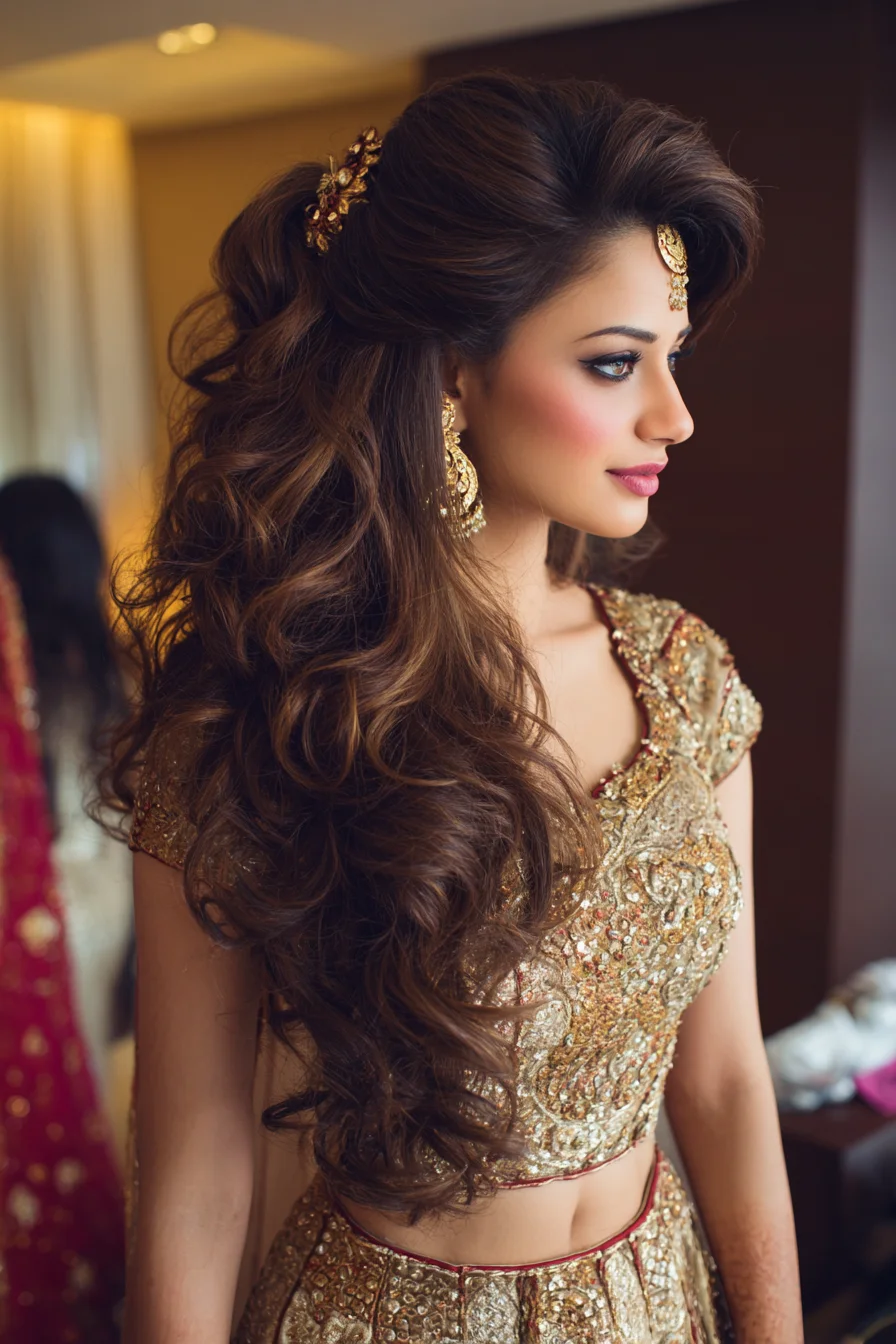 Voluminous Half-Up Curls with Bridal Accessories