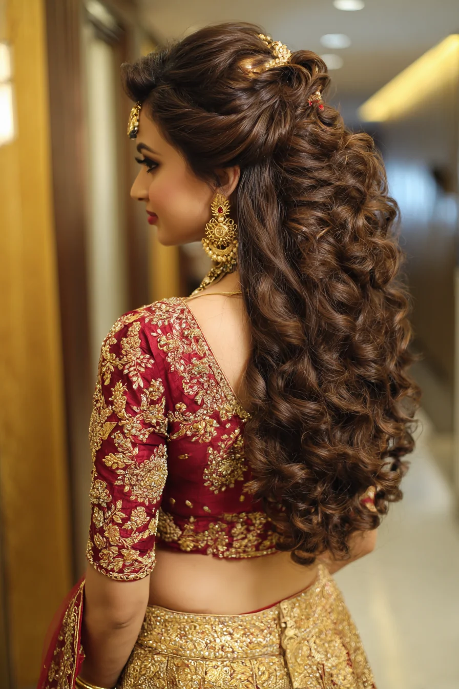 Voluminous Half-Up Curls with Bridal Flair and Accents