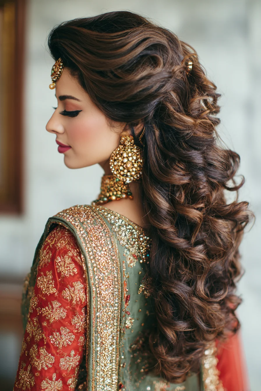 Voluminous Half-Up Curls with Bridal Jewelry and Side-Swept Front