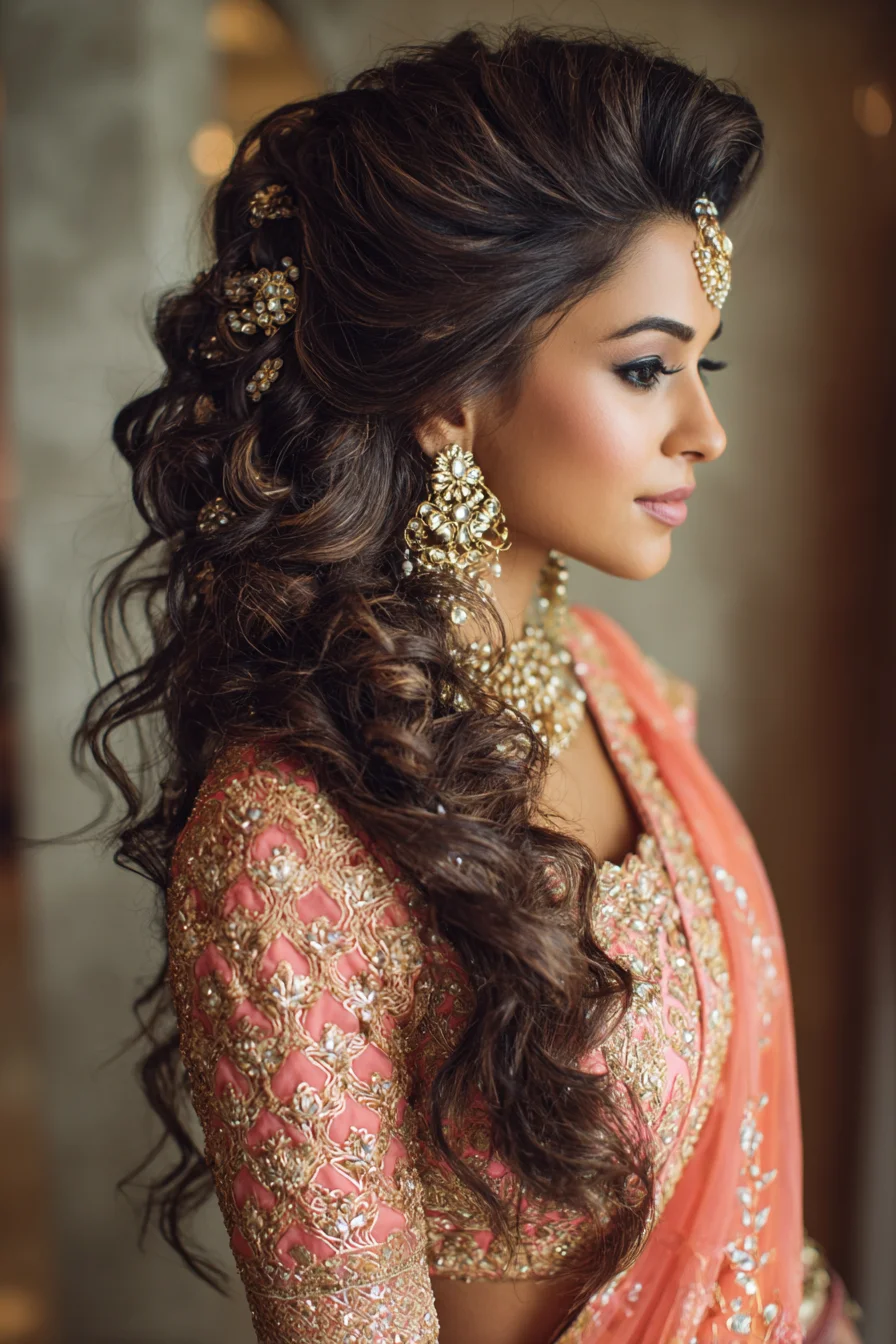 Voluminous Half-Up Curls with Jeweled Pins for Bridal Glam