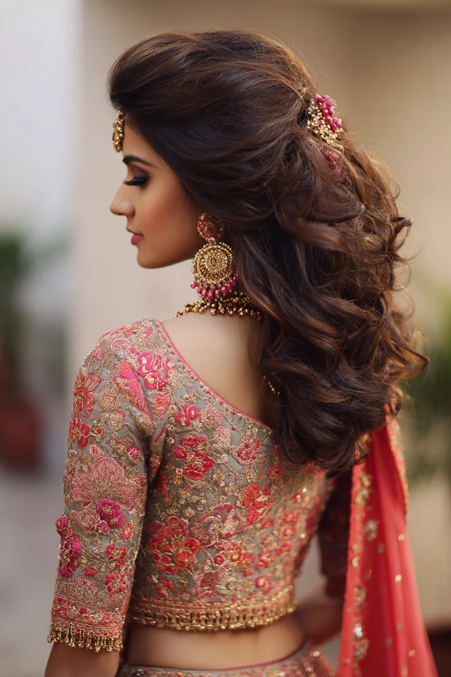 Voluminous Half-Up Curls with Traditional Hair Pins