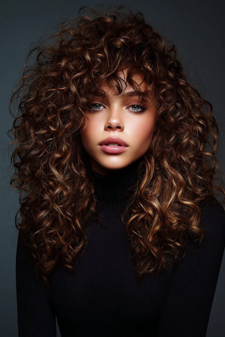 Voluminous Layered Curls with Curtain Fringe Look