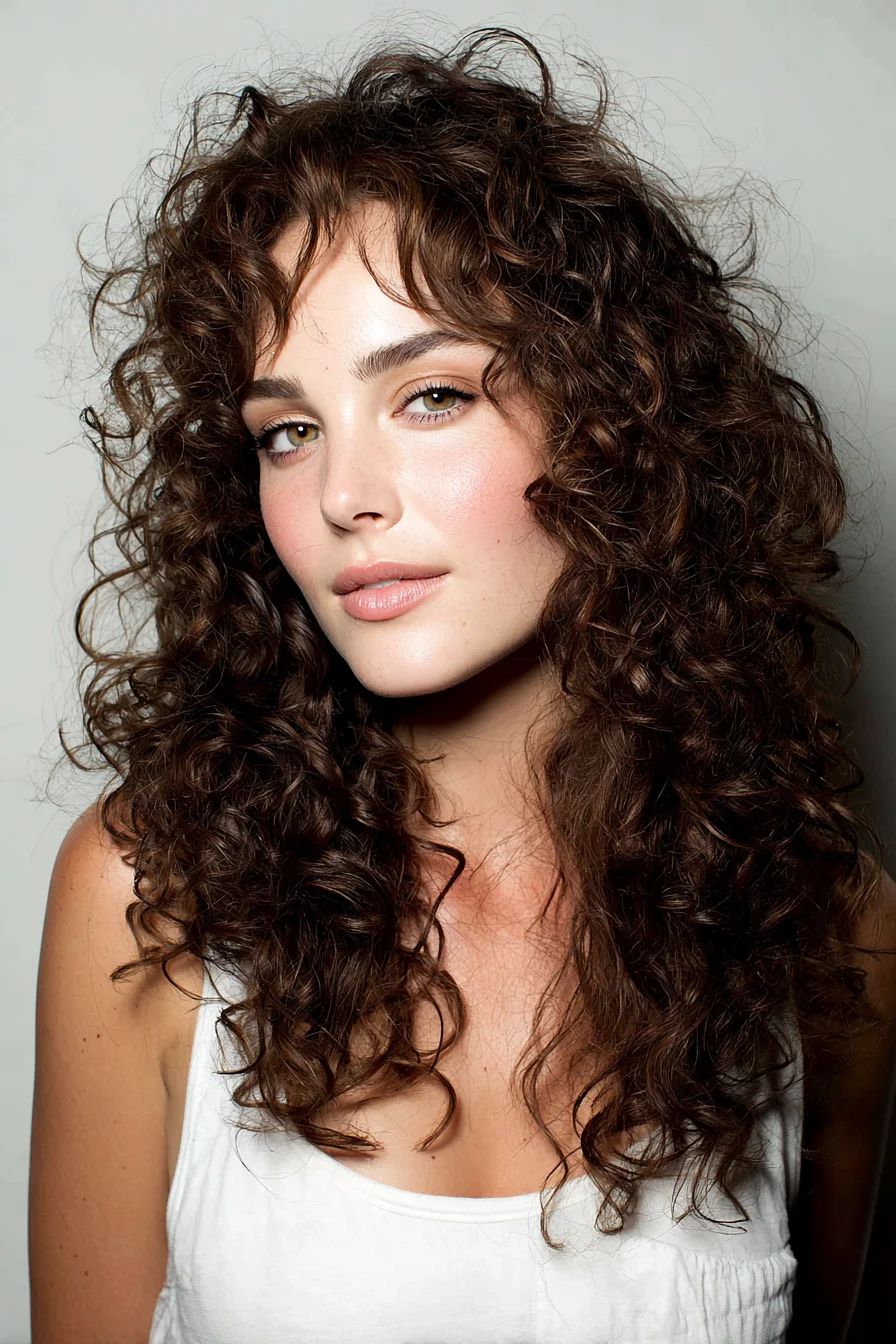 Voluminous Layered Curls with Soft Curtain Bangs