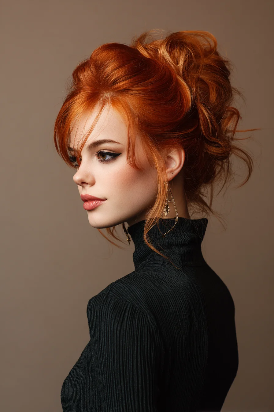 Voluminous Messy Updo with Face-Framing Bangs