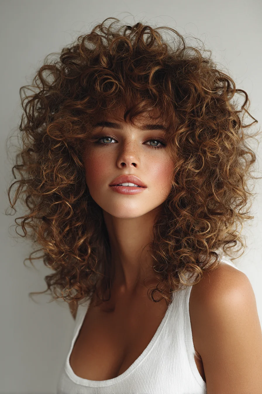 Voluminous Mid-Length Curly Hair with Feathered Bangs