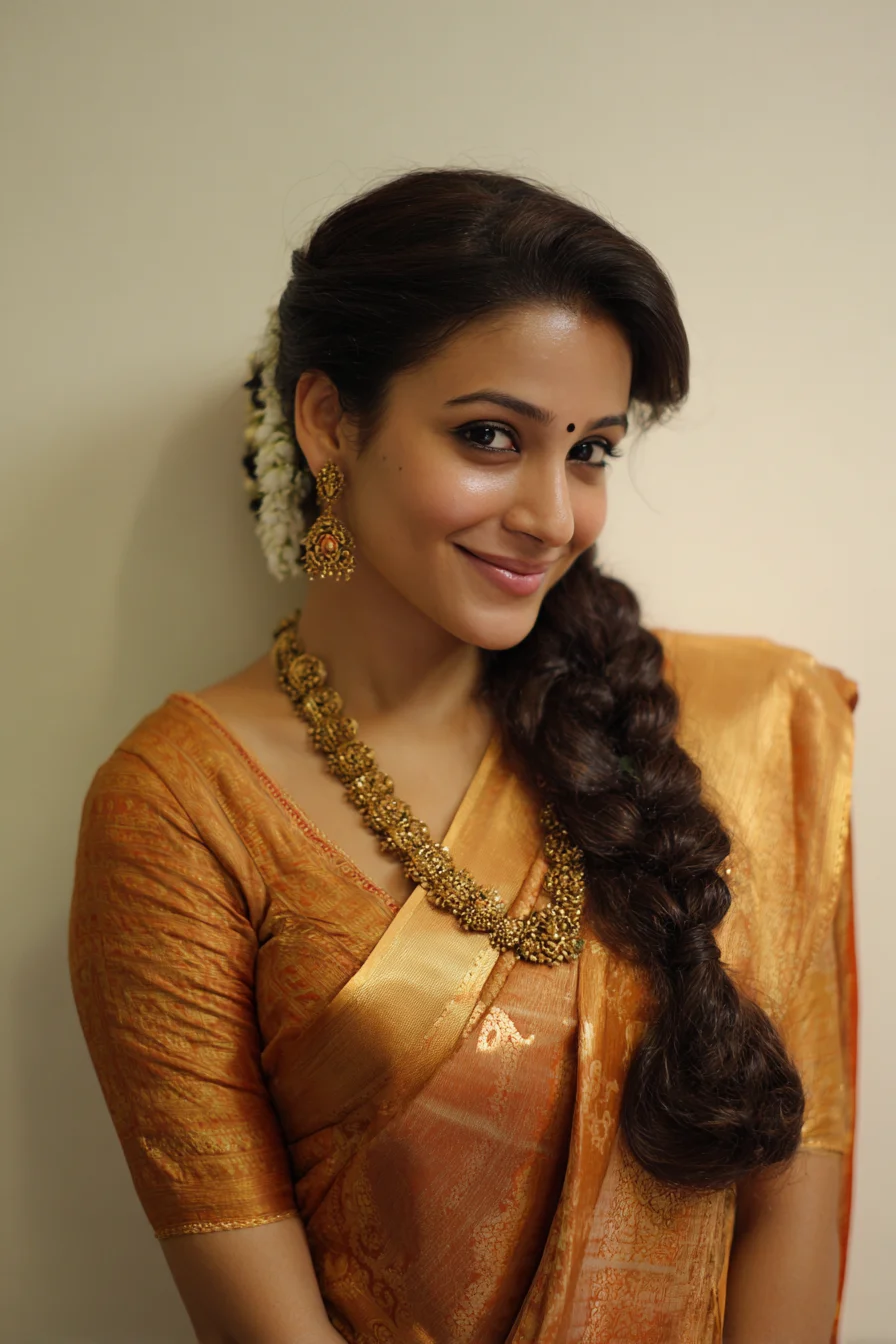 Voluminous Side Braid with Jasmine for Saree Days