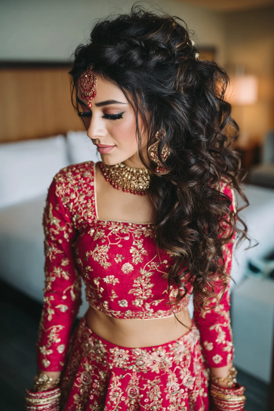 Voluminous Side Curls with Braided Crown for Bridal & Festive Looks