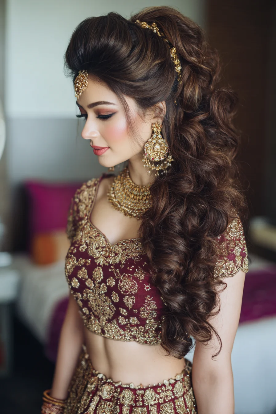 Voluminous Side-Swept Curls with Bridal Tease