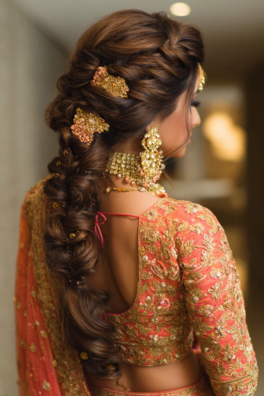 Voluminous Textured Bridal Braid with Gold Accessories