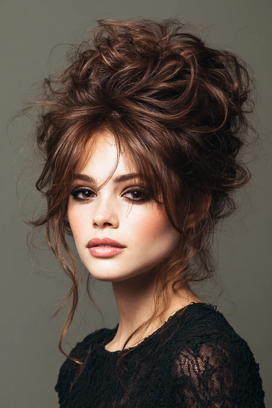 Voluminous Textured Updo with Wispy Face-Framing Pieces